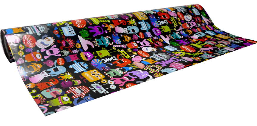 Papier cadeaux couché 70grs. Impression helio 4 couleurs.